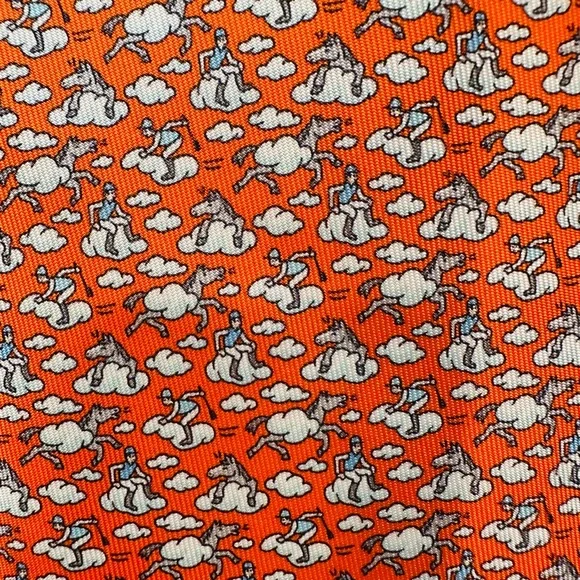 NEW Authentic Hermès Orange Paris Silk Tie Jockey Horse Clouds Print - Picture 7 of 12